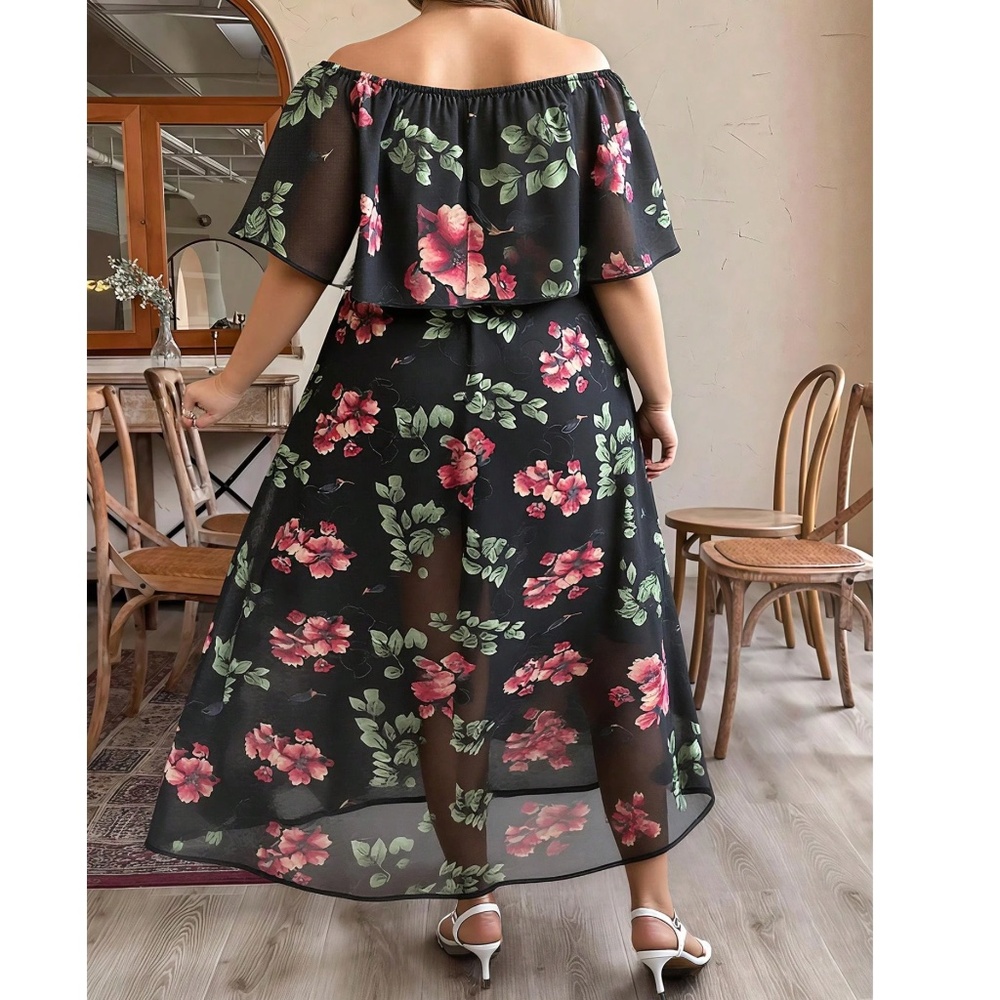 Plus Floral Print Off Shoulder Stretchy Waist Maxi Dress - Picture 4 of 5